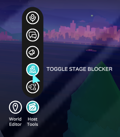 Host tools menu expanded to show available options with toggle stage blocker highlighted