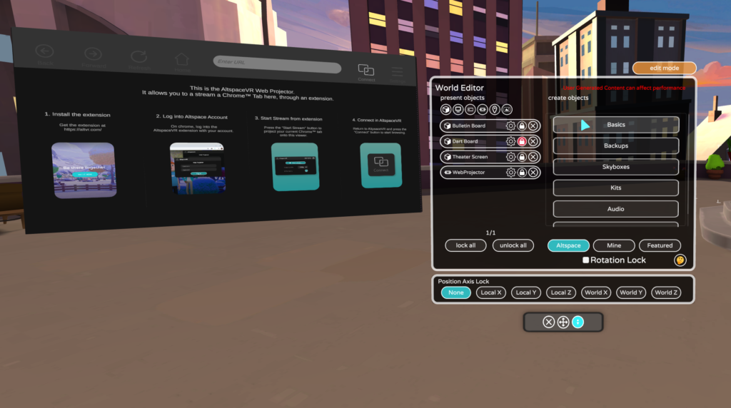 Browser projected in AltspaceVR world
