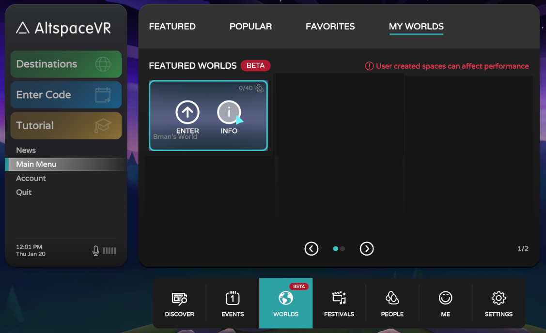 Screenshot showing the world Info button.
