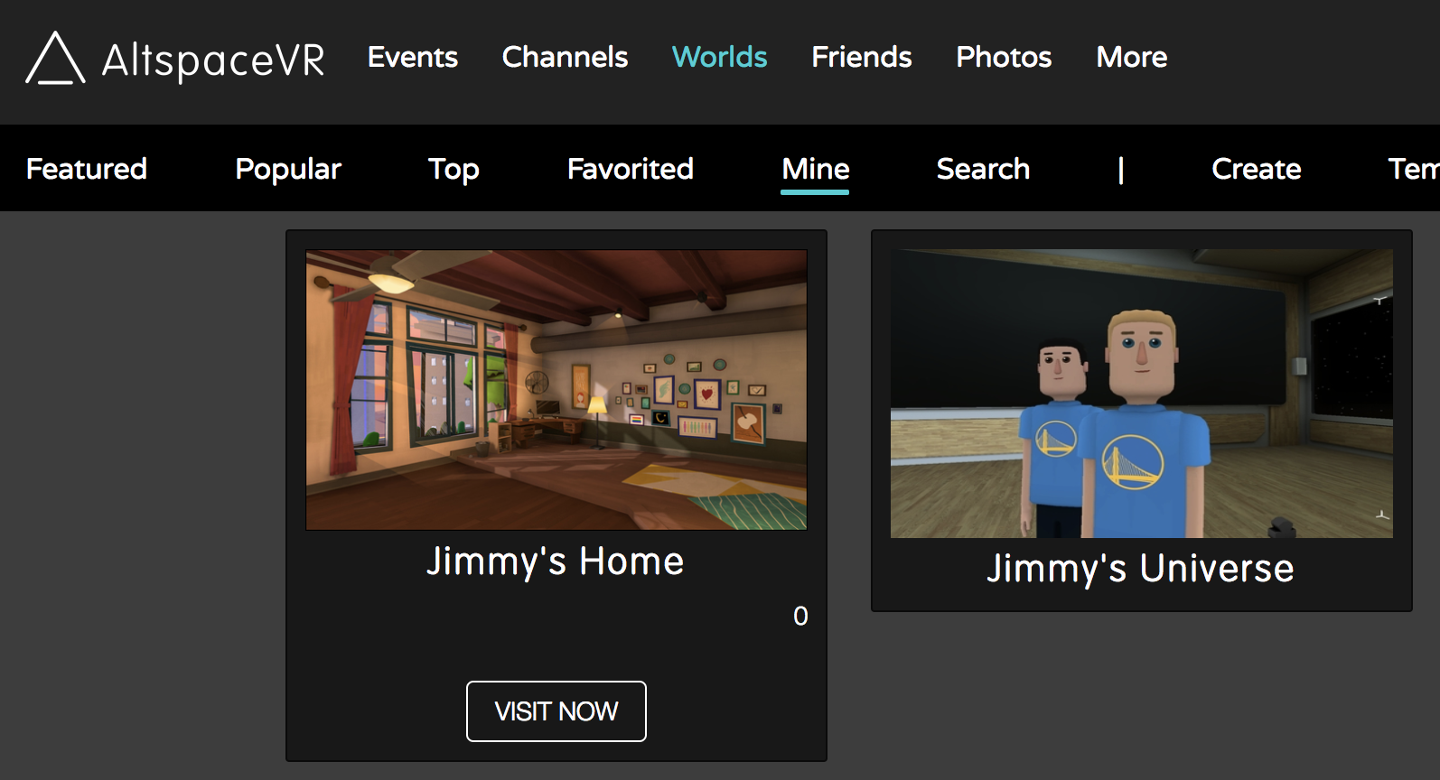 Worlds open in the AltspaceVR web view with Mine panel selected
