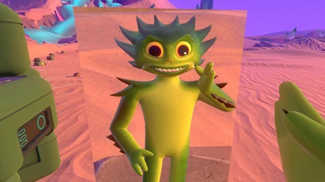 A V R character shown in a virtual environment that represents use of a mixed reality experience. 