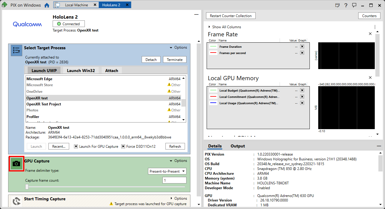 Screenshot of the PIX application with the PC connection panel open with GPU capture highlighted