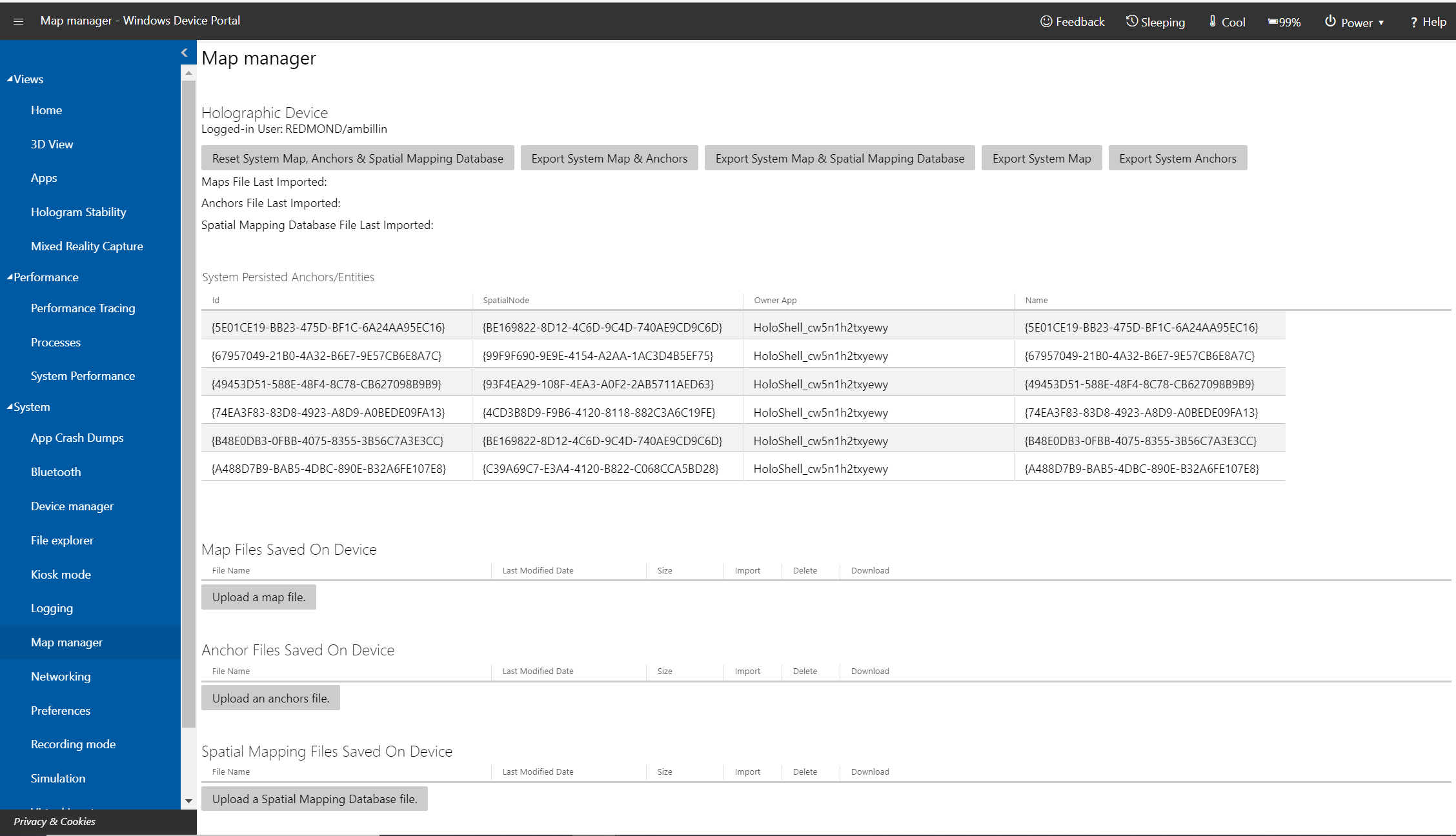 Map manager page in Windows Device Portal