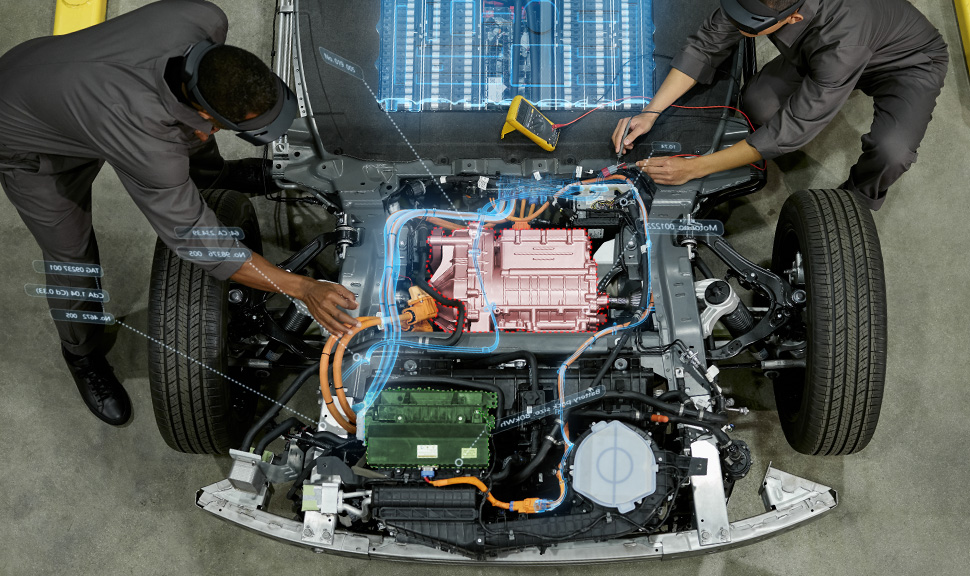Virtual overlay of azure object anchors on an open car engine