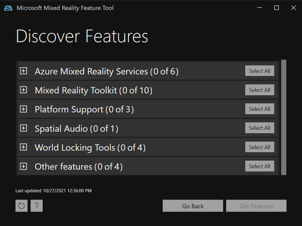 The main groups of packages in the Mixed Reality Feature Tool