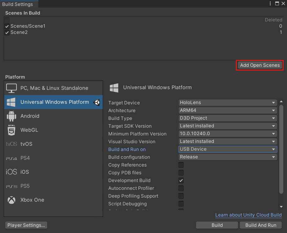 Screen shot of Unity build settings