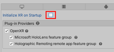 Screenshot of the XR Plug-in Management window with "Initialize XR on Startup" unselected.