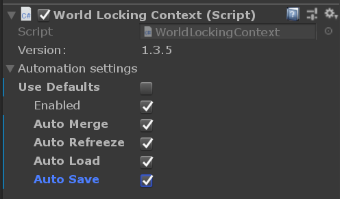 World locking context component in Unity inspector