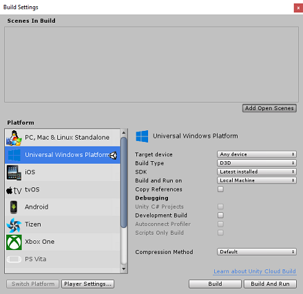 Screenshot of the Build Settings window, Add Open Scenes is selected.