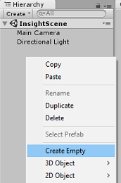 Screenshot of the Hierarchy panel, Create Empty is selected.