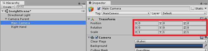 Screenshot of the Hierarchy panel with Main Camera selected, Transform settings are highlighted in the Inspector panel.