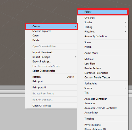 Screenshot showing two menus with Create and Folder highlighted.