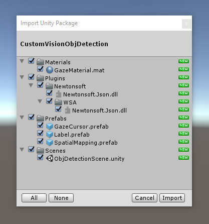 Screenshot that shows the list of asset components that you want to import.