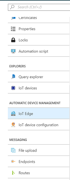 Screenshot that shows I O T Edge selected in the menu under Automatic Device Management.