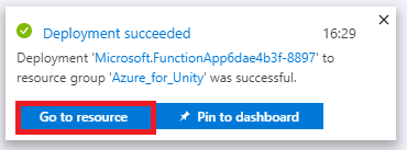 Screenshot that shows the Deployment succeeded notification window. The Go to resource button is circled in red.