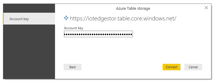 Screenshot that shows the Azure Table Storage Account key page.