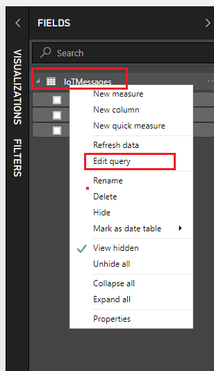 Screenshot that shows the Fields panel. Edit query is circled in red in the I O T Messages right click menu.