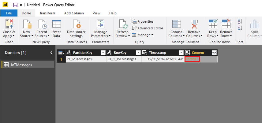 Screenshot that shows the Power Query Editor window. Under Content, Record is circled in red.