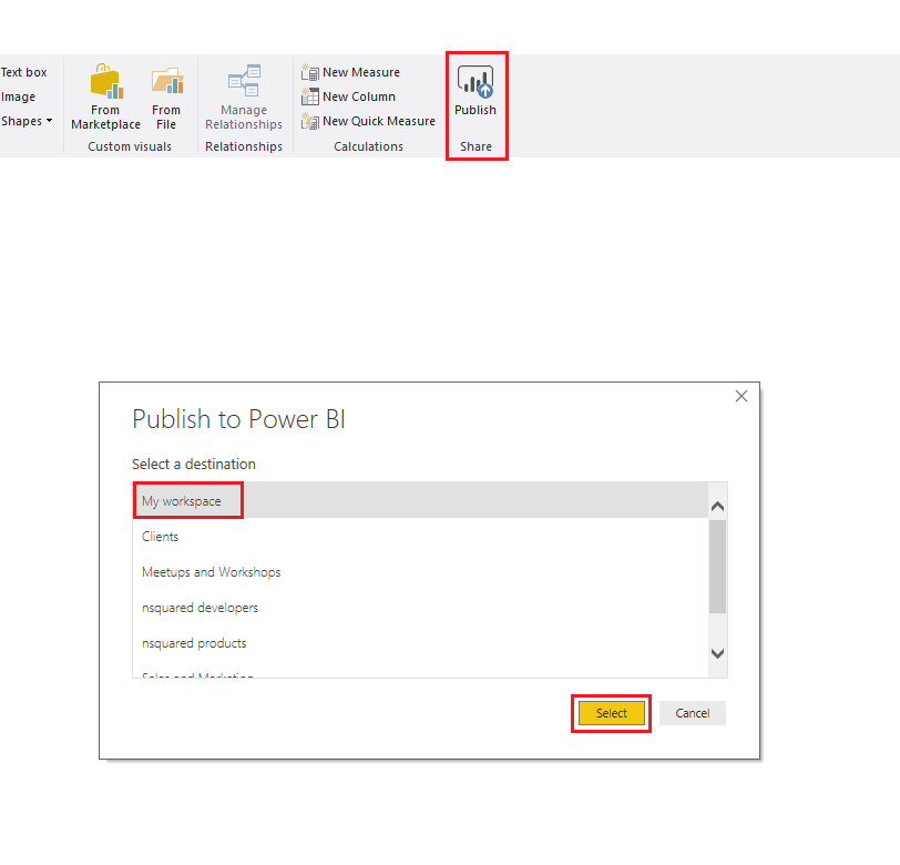 Screenshot that shows Publish circled in red. In the Publish to Power B I dialog, My workspace is selected under Select a destination.