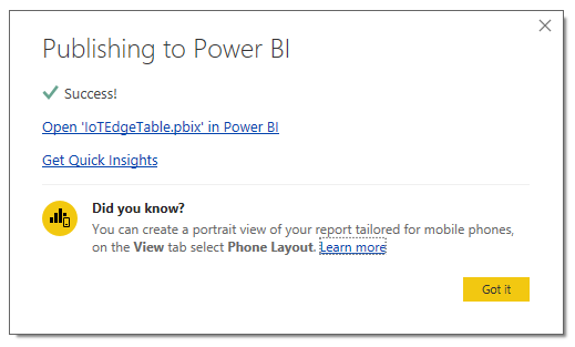 Screenshot that shows a notification indicating that Publishing to Power B I was a success.