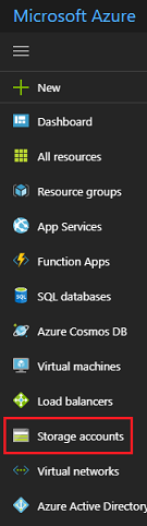 Screenshot of the Azure Portal menu. Storage accounts is highlighted.