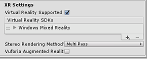 Screenshot of the Unity X R settings screen.