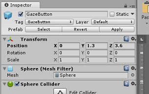 Screenshot of the inspector screen for Gaze Button.