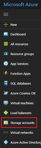 Screenshot of the Microsoft Azure window, which shows the Storage Accounts item in the left navigation menu.
