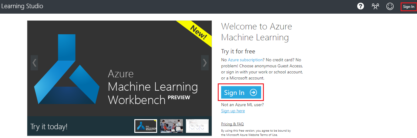 Screenshot of the Machine Learning Studio window, which shows the highlighted Sign In button.