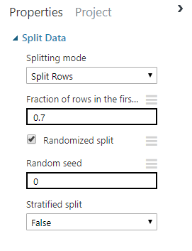 Screenshot of the Properties panel, which shows the filled Randomized split checkbox and the Fraction of rows field has been set to 0 point 7.