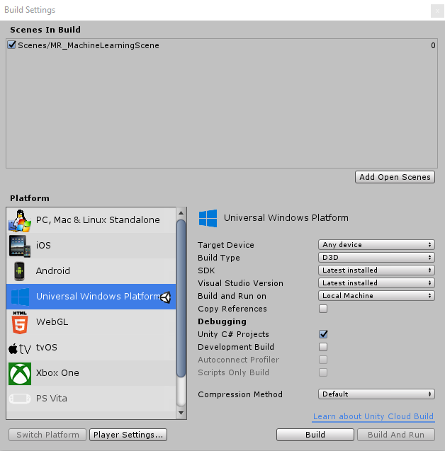 Screenshot of the Build Settings dialog, which shows the Universal Windows Platform menu item is highlighted.