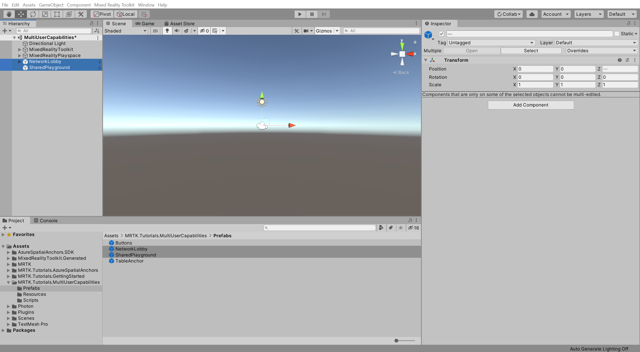 Unity with newly added NetworkLobby and SharedPlayground prefabs selected