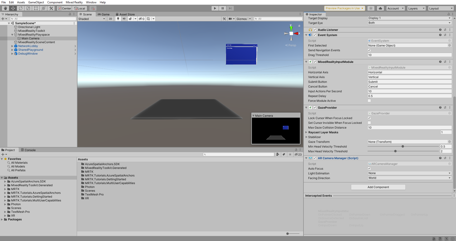 Unity with AR Camera Manager component partially configured
