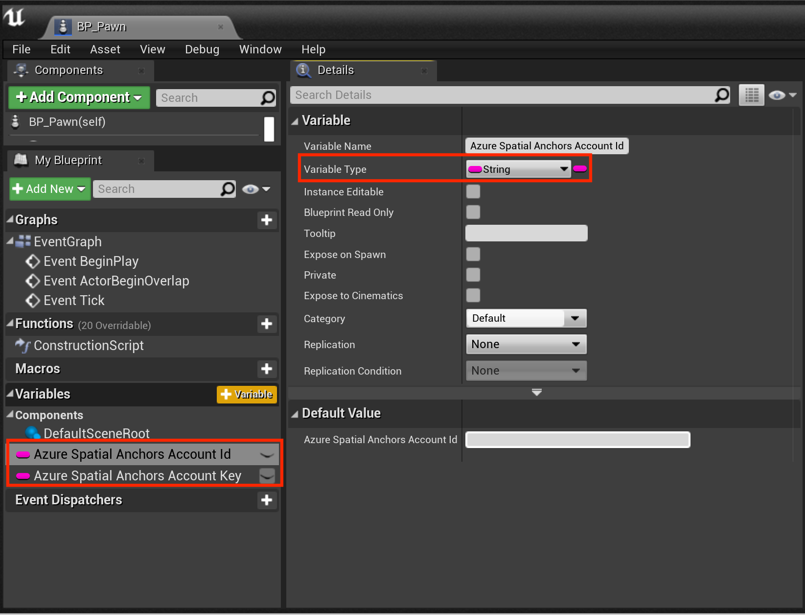 Screenshot of details panel with azure spatial anchors account id, key, and variable type highlighted
