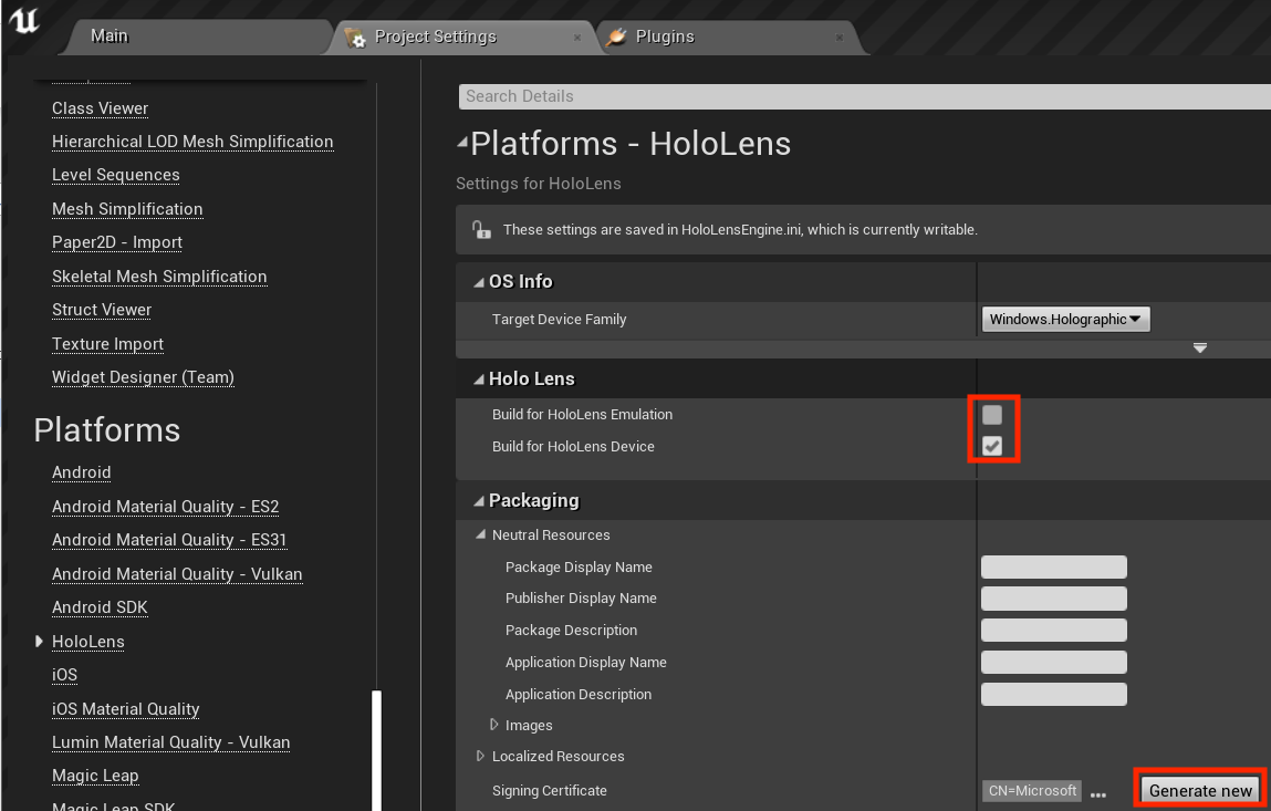 Project setting. Platform settings.