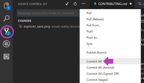 Choose "Commit all" in Source Control