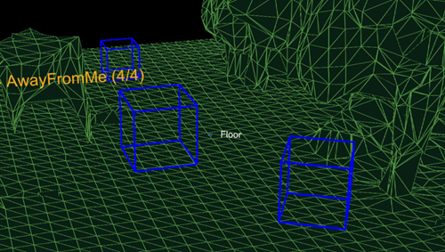 The blue boxes show the result from three Place On Floor queries with "away from camera position" rules.