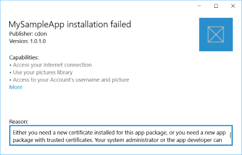 Screenshot of certification failure