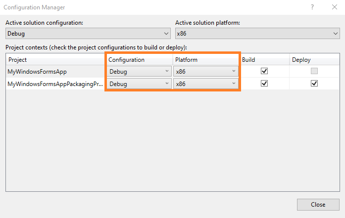 Msix package. Диспетчер конфигураций Visual Studio. Configuration Manager.