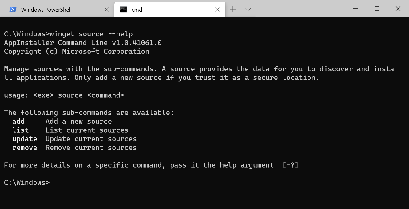 Screenshot showing help for the source command.