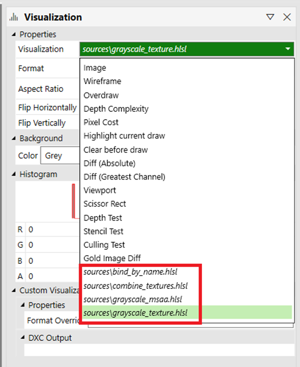 Example of some visualizers in the dropdown menu