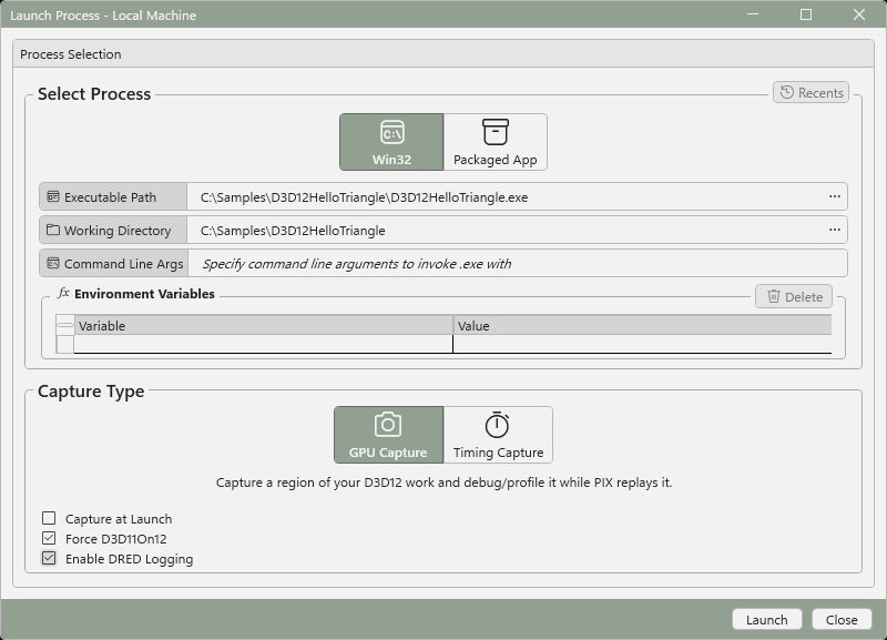 Screenshot of the Launch Process dialog with GPU Capture selected and the Enable DRED Logging check box selected.