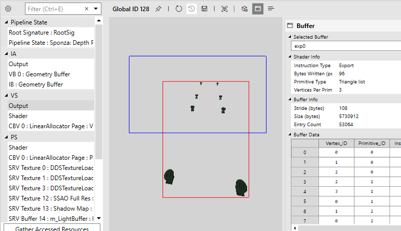 Screenshot of the Pipeline view showing the vertex shader output for the selected event.