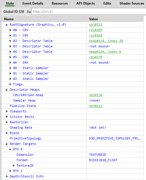 Screenshot of the State view showing Direct3D pipeline state for the selected event.