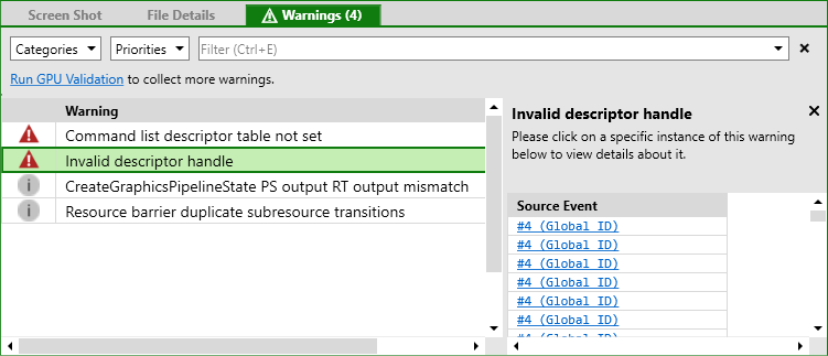 Screenshot of the Warnings view in a PIX GPU Capture.