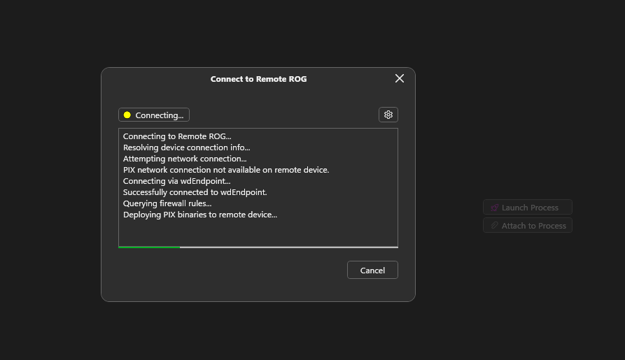 PIX connection progress dialog showing PIX falling back from the PIX link transport to the Xbox PC Toolbox secure transport and deploying PIX binaries to the remote device
