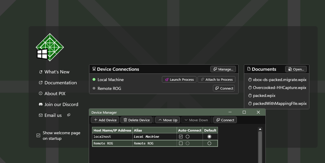 PIX Welcome page Device Connections panel with the Device Manager dialog open and the Add device action highlighted
