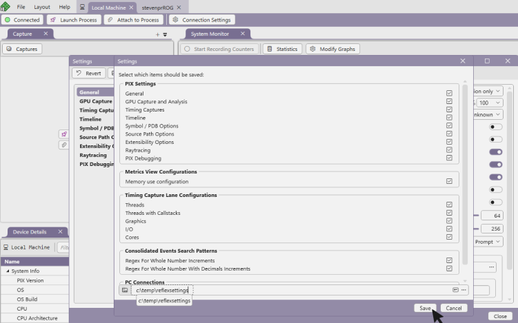 Screenshot of the PIX Save Settings dialog.