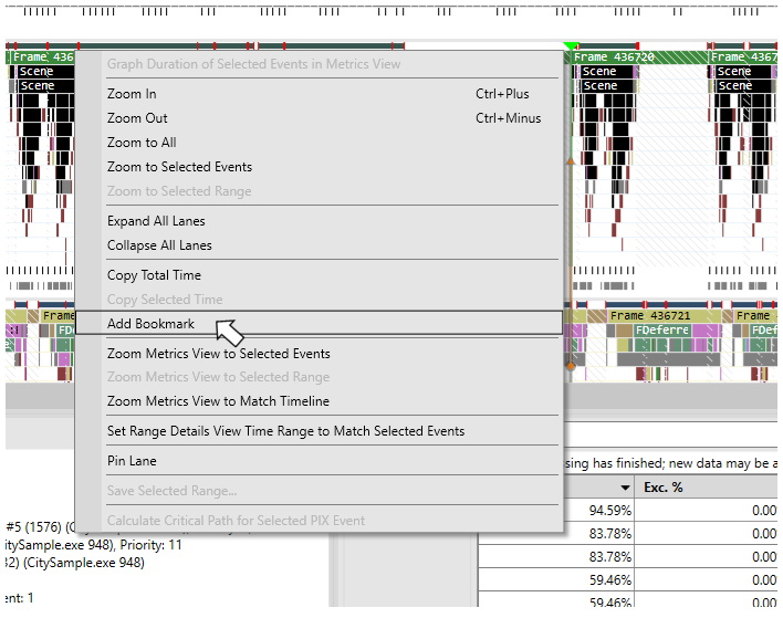 Screenshot of the Timeline layout context menu with the Add Bookmark command highlighted.