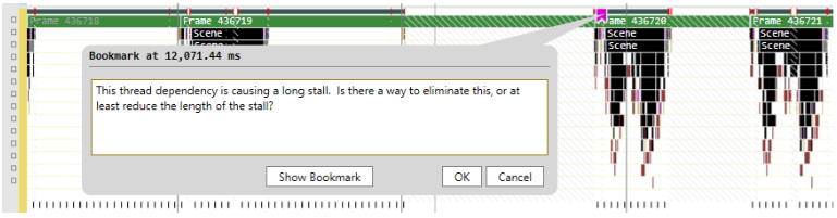 Screenshot of the bookmark dialog with a note about a long thread stall.